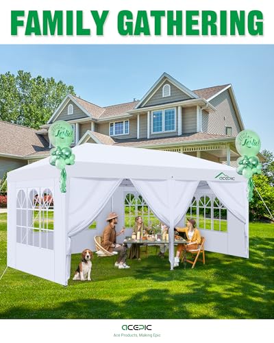 Acepic 10x20 Pop Up Canopy,2 Central Lock Easy Set-up Outdoor Party Tent with Top Vent, Commercial Tent, 6 Removable Sidew...