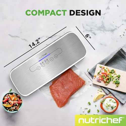 NutriChef Vacuum Sealer Machine ? Compact Silver Vacuum Sealing System with Dry & Moist Modes, LED Indicators, Starter Kit & Extra Bags ? Ideal for Food Preservation, Meal Prep & Sous Vide Cooking