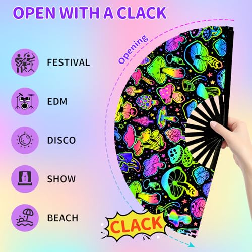 EOSAU UV Glow Large Rave Fan Folding Hand Fans for Line Dancing Portable Handheld Clack Fan for Festival EDM Party Music O...