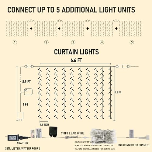 Dazzle Bright 300 LED Curtain Lights, Plug in Fairy Curtain Lights for Bedroom, Christmas Hanging String Lights Outdoor fo...