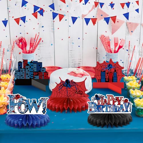 Outus 9 Pcs Spider Birthday Party Decorations Spider Honeycomb Centerpiece 3D Table Topper Standing Decorations Hero Web T...
