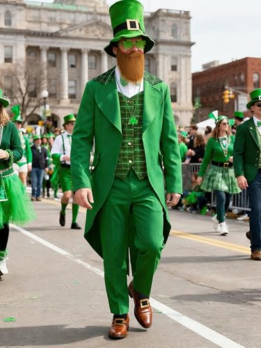 SOMSOC 9 Pieces Men St Patrick's Day Costumes Set Adult Irish Suit Outfit with Clover Hat Glasses for St Patrick's Day Party