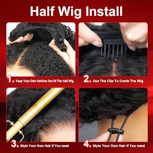 Kinky Curly Half Wig Human Hair 200% Density 3 In 1 Curly Half Wig Seamless Drawstring Curly Human Hair Wig Wear Go Glueless Wigs Human Hair Beginner Friendly (Kinky Curly Nautal Color, 16 Inch)