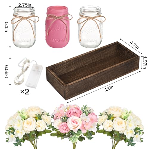 BLEUM CADE Centerpiece Table Decorations - 3Pcs Roses Artificial Flowers in Mason Jars with Wood Tray for Dining Table Cof...