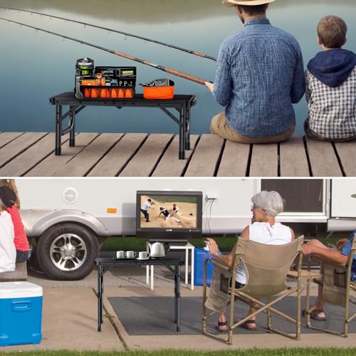 VINTEAM Camping Folding Table with Adjustable Height, Lightweight Portable Outdoor Picnic Table, BBQ Grill Side Table, Dur...