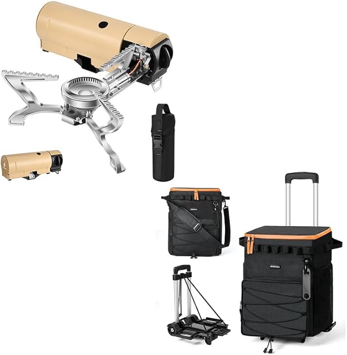 Odoland Bundle - 2 Items Portable Camping Stove and 48 Cans Soft Cooler with Wheels and Handle