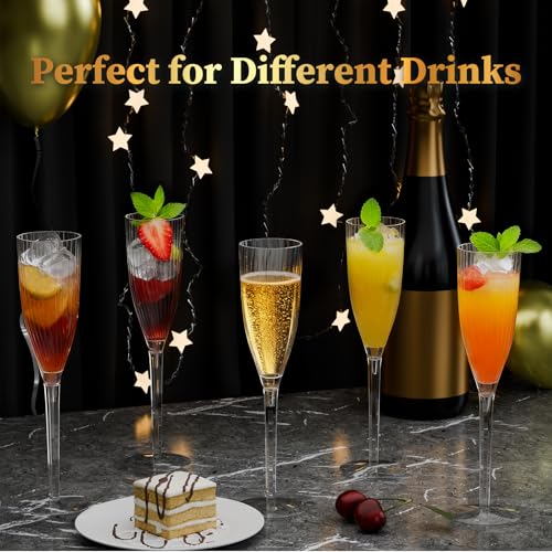 GuanQiao 16 Pack Clear Champagne Flutes, 6oz Disposable Wine Glasses with Long Stem, Reusable Plastic Cocktail Glasses for...