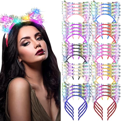 WILLBOND 40 Pcs LED Golden Silk Cat Ears Headband Halloween Cute Light up Headband Glow Cow Horn LED Hair Hoop for Women G...