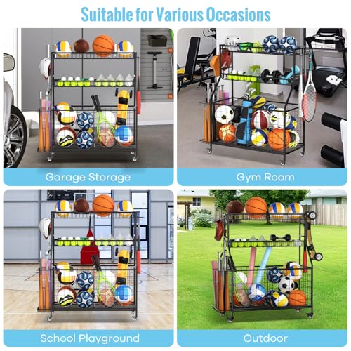 Sports Equipment Garage Organizer - Heavy Duty Garage Organization Ball Storage Rack with Basket, Hooks and Rolling Cart f...