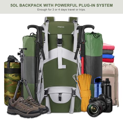 MOSISO 50L Hiking Backpack, Waterproof Flap Cover Camping Backpack with Rain Cover for Men Women, Lightweight Sport Daypac...