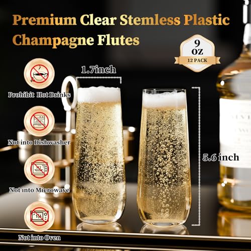 Guanqiao 12 Pack Stemless Plastic Champagne Flutes, 9 oz Clear Disposable Plastic Glasses, Heavy Duty Shatterproof Recycla...