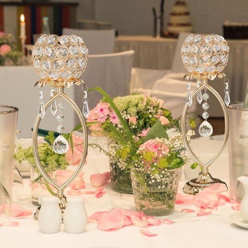 kehail 2 Pcs Gold Elegant Metal Crystal Tea Light Candle Holders with Bling Crystal Pendants, Hollow Design - Wedding Tabl...
