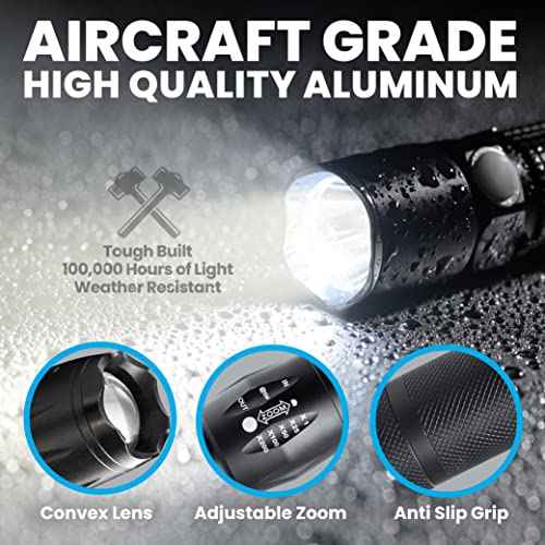 TacLight 3 Pk Tactical Flashlights High Lumens 40x Brighter than Regular Flash Light, SoS Strobe, Zoomable, Aircraft Grade Heavy Duty, Waterproof, Battery Powered, for Emergencies Power Outage Camping