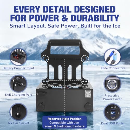 Haoguo Portable Ice Fishing Power Station Mount with Battery Compartment, Dual USB Ports, 12V Car Socket, SAE & Blade Conn...