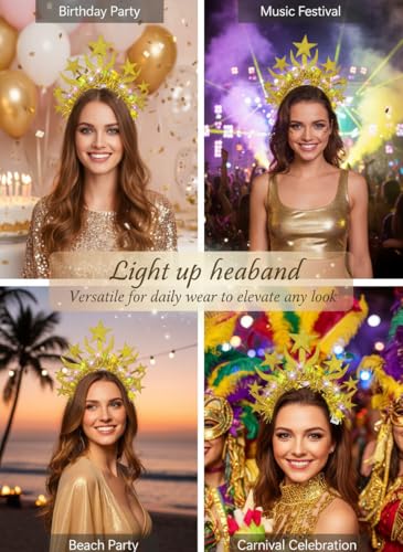 Yokawe Light Up Star Headband,Gold Tinsel Costume Hair Accessory for Rave Party