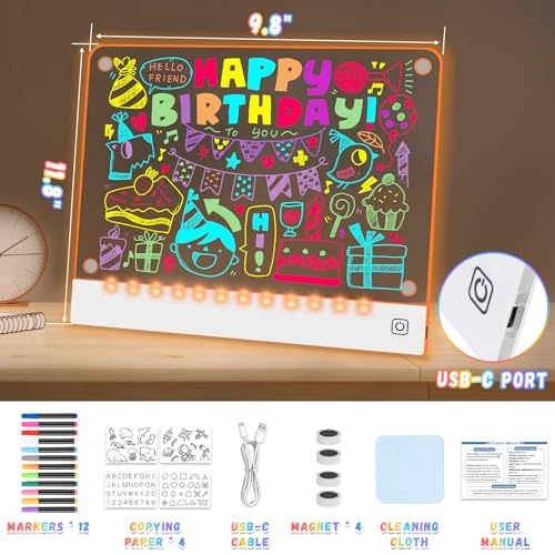 Rechargeable LED Drawing Board for Kids with 7 Colors, Magnetic LED Note Lumi Board with 4 Magnets and Invisible Stand, Li...