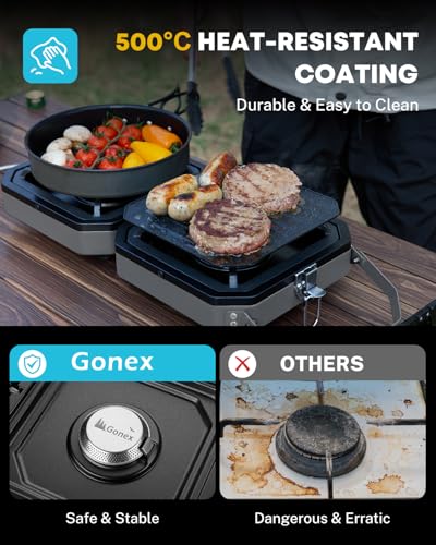 Gonex 2 Burner Propane Camping Stove with Griddle & Grates, Portable Foldable Cooking Stove with Total 16,000 BTU, Two Pie...
