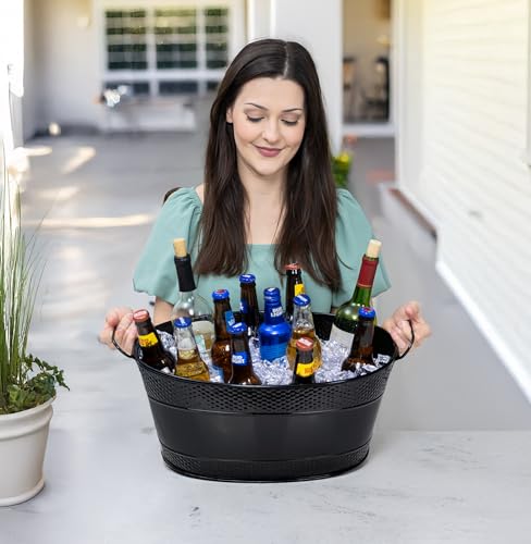 BREKX Colt Black Galvanized Beverage Tub with Handles, 16-Bottle Metal Bucket Ice Cooler to Chill Drinks, Oval Metal Baske...
