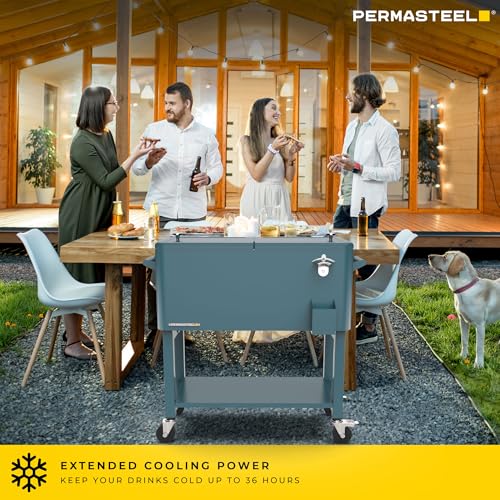 Permasteel Party Cooler with Divider, Removable Basin, Spacious 80-Qt Capacity, Chills 36hrs, Serving Tray, Rolling Ice Ch...