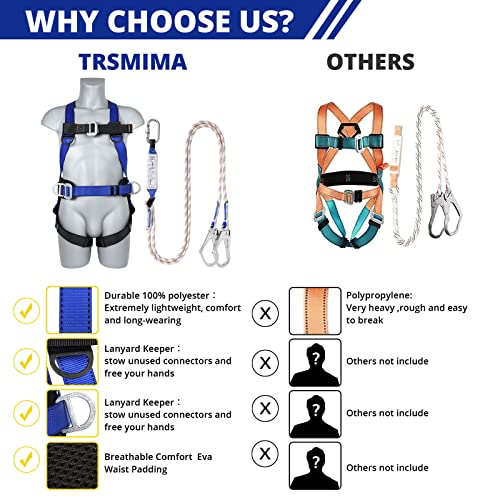 TT TRSMIMA Safety Harness Fall Protection Kit - Full Body Roofing harnesses with Shock Absorbing Lanyard Upgrade Paded