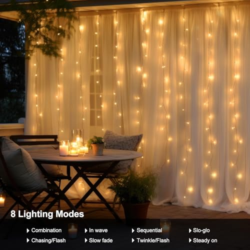 echosari 300 LED Curtain Lights Battery Operated, 9.8ft×9.8ft Hanging Light with Remote Timer Fairy Curtain Lights for Bed...