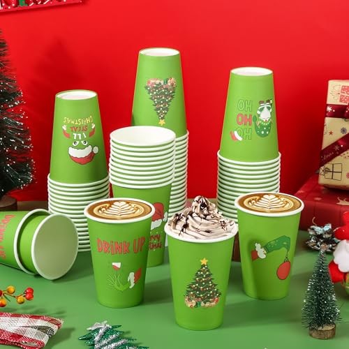 120 Pcs Merry Christmas Coffee Cups - Stink Stank Stunk Santa Hat Green 12 oz Disposable Hot Cocoa Coffee Paper Cup Bulk X...