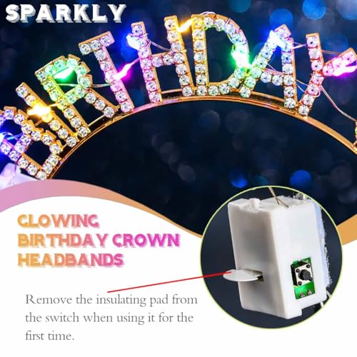 Aceorna Light Up Birthday Girl Headband Gold Rhinestone Crown and Sash Led Birthday Accessories Sets for Women