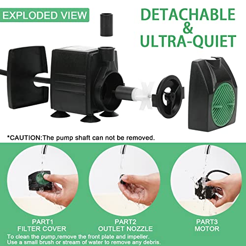 BARST Submersible Water Pump,Ultra Quiet 160GPH Aquarium Pump Adjustable Fountain Pump with 3 Nozzles and 6ft Power Cord f...
