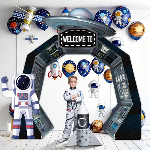 3Pcs Outer Space Porch Banner Space Birthday Party Decorations Spaceship Hanging Banner Astronaut Planet Door Covers Backd...