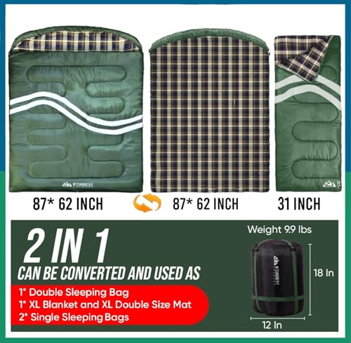IFORREST Double Cotton Flannel Sleeping Bag for Adults – Extra-Wide 2-Person 10°F Cold Weather Camping Bed, Warm Queen XXL...