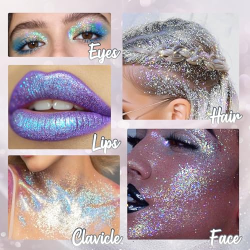 CAHOTO Silver Rolling Glitter for Face Body & Hair, Sparkling Holographic Chunky Shimmer, Roll-on Sequins for Singer Conce...
