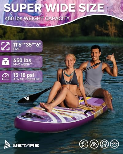 WETARE 11'6"x35" Inflatable Paddle Board, 450lbs Extra Wide Stand Up Sup Board for Adults, Blow Up Paddleboard Kayak Non-S...