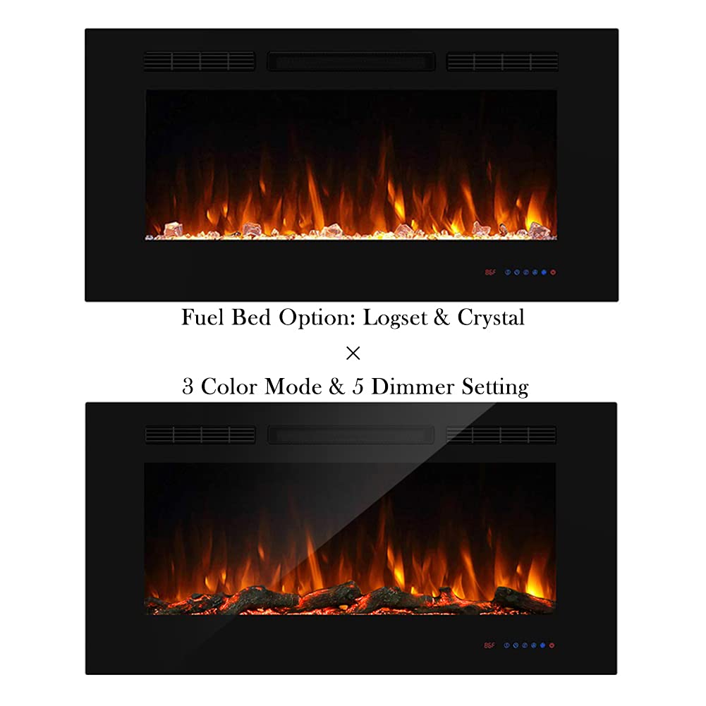 Masarflame 42 Recessed Electric Fireplace Insert, 5 Flame Settings, Log Set Or Crystal Options, Temperature Control By Touch Pan