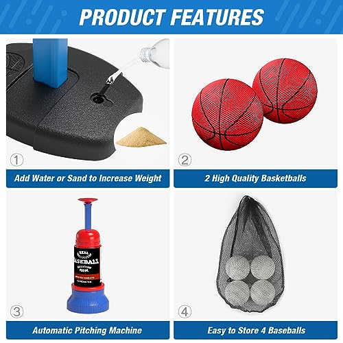 HYES 2 in 1 Kids Basketball Hoop and T Ball Set - Adjustable Height, Kids Baseball Tee with Automatic Pitching Machine, In...