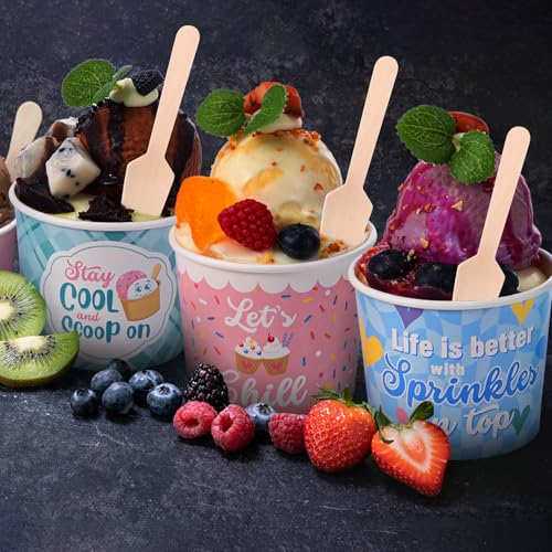 Ninehaoou 200 Sets 6 oz Ice Cream Paper Cups with Wooden Spoons Bulk Ice Cream Sundae Bar Supplies Disposable Dessert Bowl...