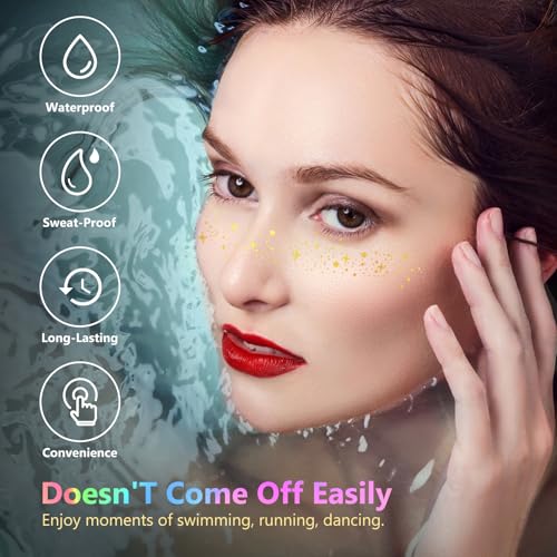 HyperFun 12Pcs Face Glitter Freckles, Face Glitter Fake Freckles Sticker, Gold Sliver Holographic Multichrome Waterproof S...