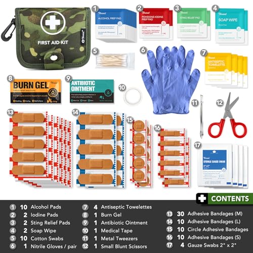 Small First Aid Kit, 100 Pieces Water-Resistant Well Organzied Pouch with Rotatable Buckle - Ideal for Outdoor, Travel, Bi...