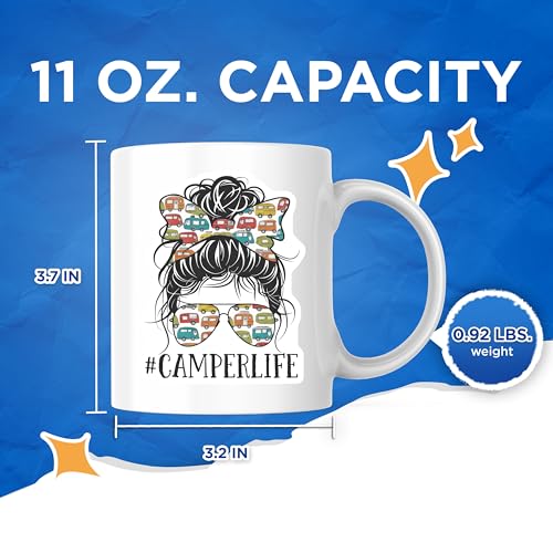 Bliss Monkey Co. Camperlife Coffee Mug - Messy Bun Camper Graphic - Retro Camping 11 Ounce Cup - Printed On Both Sides - P...