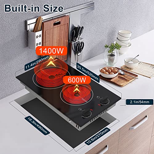 Karinear 110v Electric Cooktop 2 Burners, 12'' Electric Stove Top with Plug in, Knob Control Countertop & Built-in Ceramic...