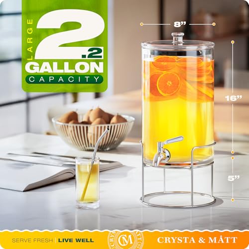 2.2 Gallon Glass Beverage Dispenser With Stand | Glass Water Dispenser With Stand | Leakproof Spigot | Ideal for Hot and I...