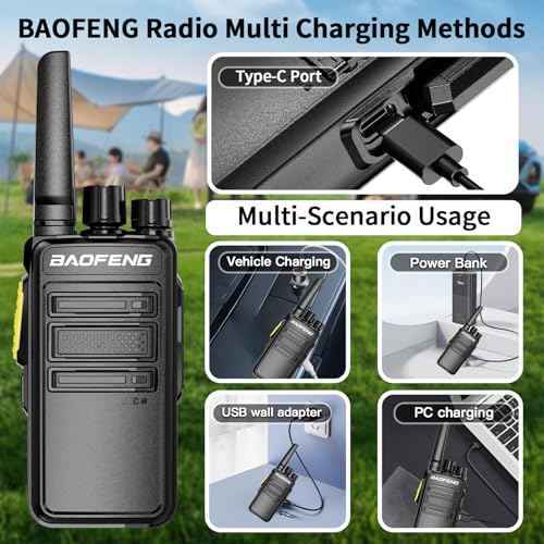 BAOFENG BD-V12B Radio 6 Pack Long Range Walkie Talkies for Adults, Portable FRS Two-Way Radios Rechargeable, with 6 Way Multi Gang Charger, Earpiece and Typc-C Charging for School,Camping,Gifts