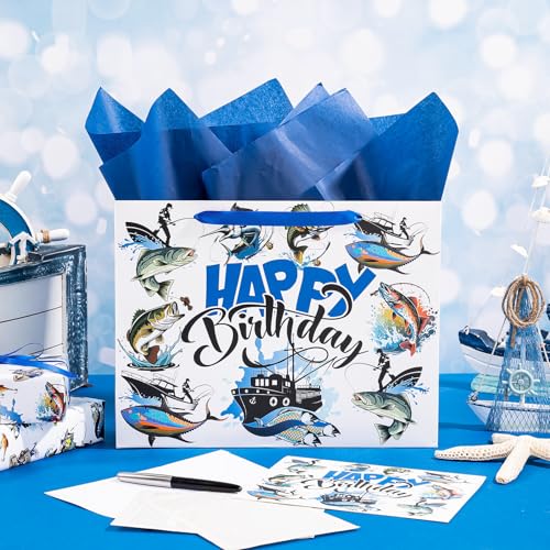 WRAPAHOLIC 13" Adventure Fishing Birthday Gift Bag with Card and Tissue Paper - Navy Blue Fish and Angler Design Paper Bag...