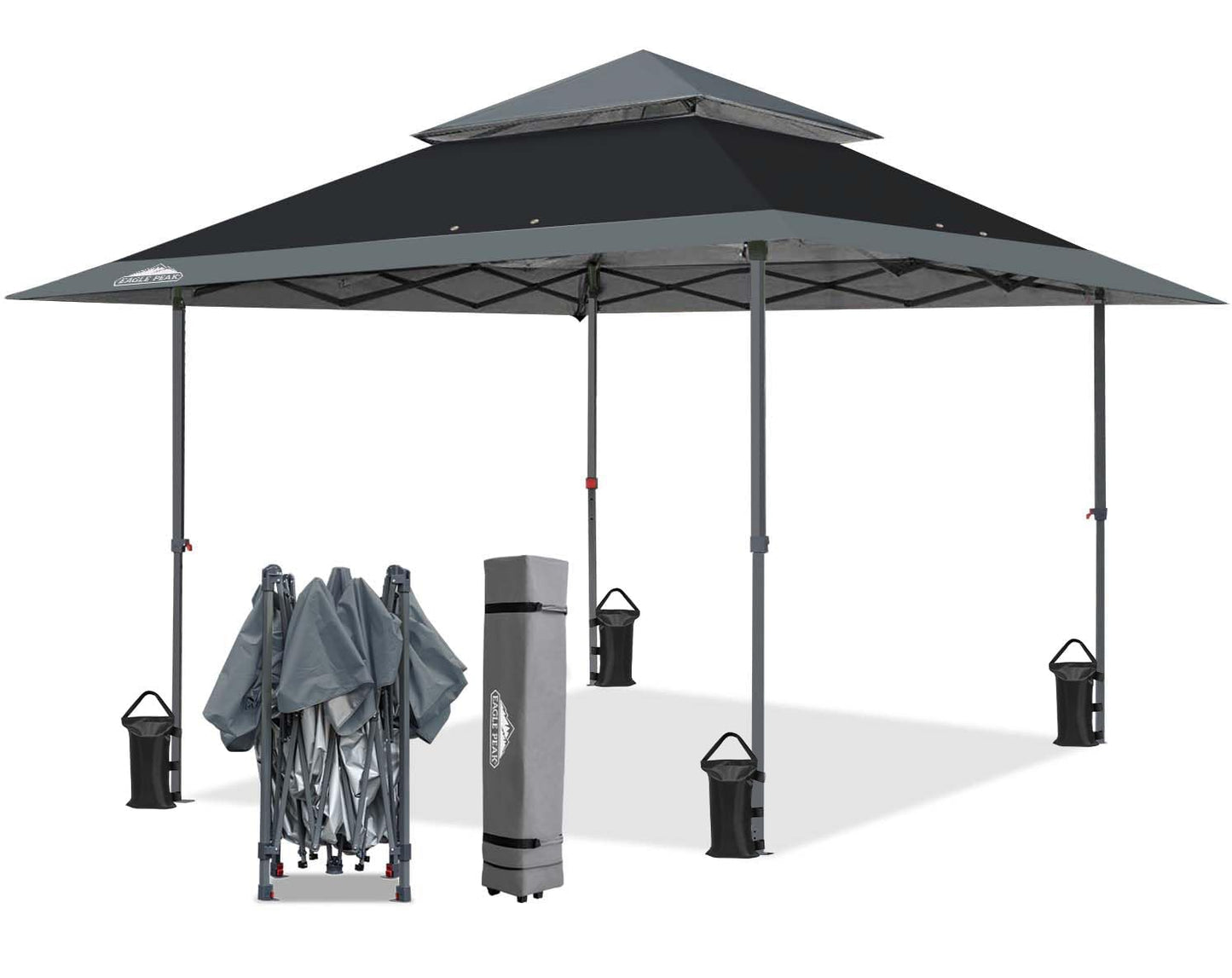 EAGLE PEAK 13x13 Straight Leg Pop Up Canopy Tent Instant Outdoor Canopy Easy Single Person Set up Folding Shelter w/Auto Extending Eaves 169 Square Feet of Shade (Black/Gray)
