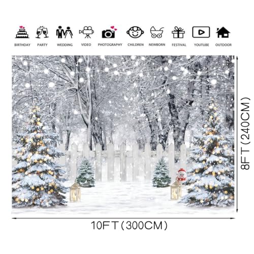 8x6ft Christmas Backdrop Winter Snow Forest White Fence Background Christmas Trees String Lights Lantern Snowman Photograp...