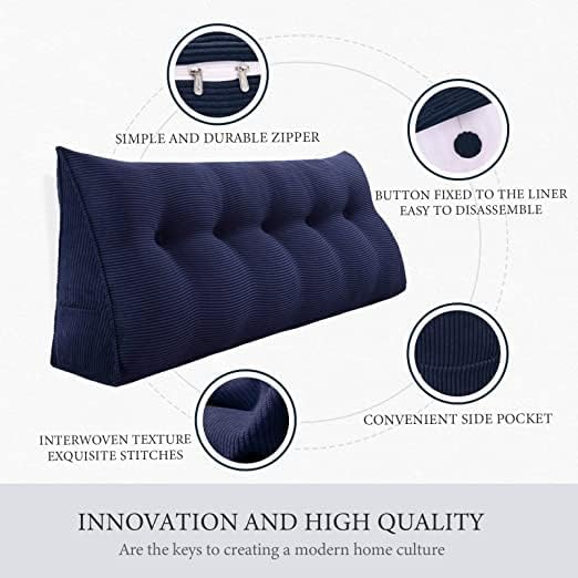 Wedge Headboard Pillow Dorm Room Reading Pillow Back Support for Sitting Up in Bed Bolster Lumbar Cushion Body Positioning Bedrest Corduroy (Navy Blue, Queen (59 * 8 * 20in))