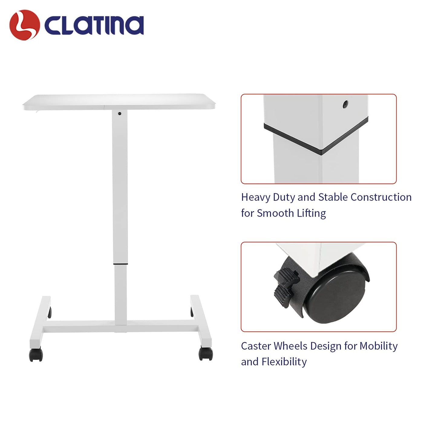 CLATINA Round Edge Design Elegant Mobile Laptop Desk Pneumatic Sit to Stand Table, Height Adjustable Rolling Cart with Lockable Wheels for Home Office Computer Workstation, 28" x 19" White