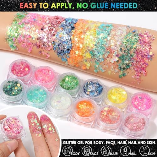 Glow in The Dark Glitter Gel with UV Neon Liquid Eyeliner Pen Set for Body Face Hair Eye, Makeup Kit for Rave Accessories ...