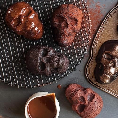 GUOFHUIM Halloween Skull Mold, Haunted Skull Cakelet Pan Skull Molds for Baking Skull Cake Pan Aluminum 3D Halloween Skull Baking Pan