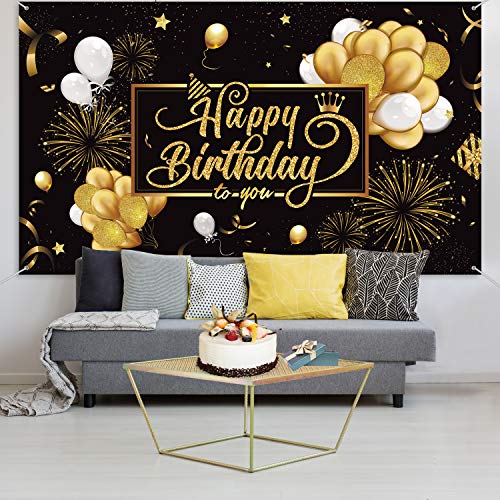 Blulu Happy Birthday Banner Sign Poster Large Fabric Glitter Balloon Fireworks Sign Photo Backdrop Background for Birthday...