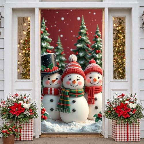 Christmas Door Cover Decorations Snowman Christmas Door Banner Sign Snowman Xmas Tree Snowflake Door Hanging Wall Banner P...